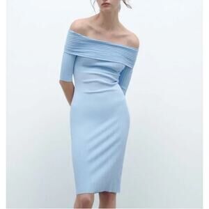 Zara Off The Shoulder Ribbed Baby Blue Midi Dress Medium NEW